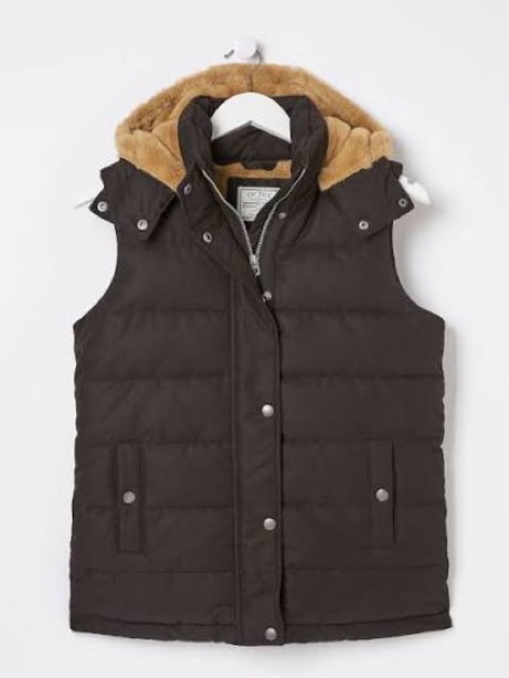 Quilted Hooded Puffer Vest in Dark Brown with Faux Fur